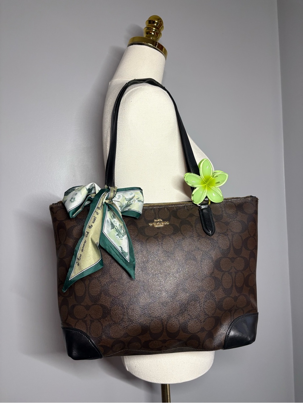 Coach Brown Signature Tote with Black Trim and Green Accents